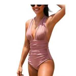 V Neck One Piece Swimsuit Halter Ruched Tummy‎ Control, Lavender Size, Large